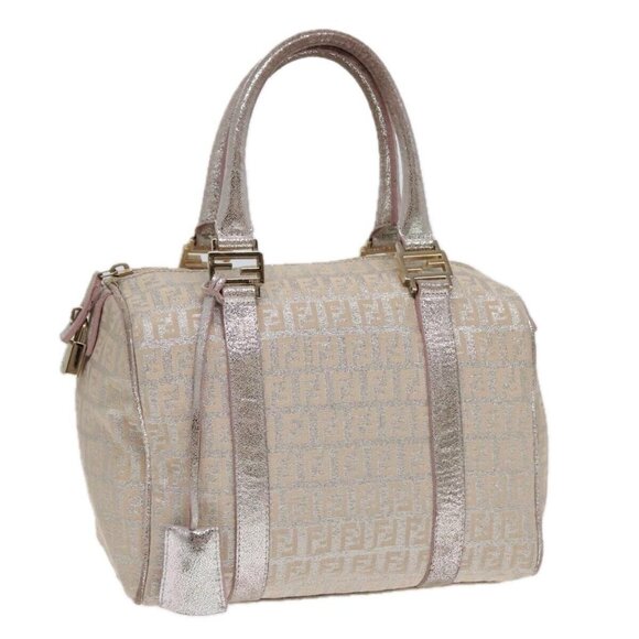 FENDI Zucchino Canvas Boston Bag Silver Beige Auth